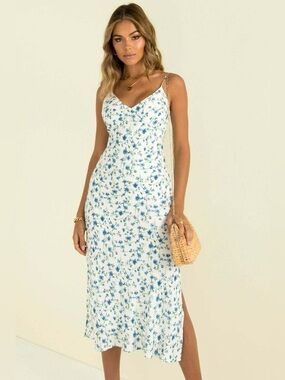 Sundae Muse Tie Back Slit Midi Maxi Dress White Blue Floral Print Size 8 Medium